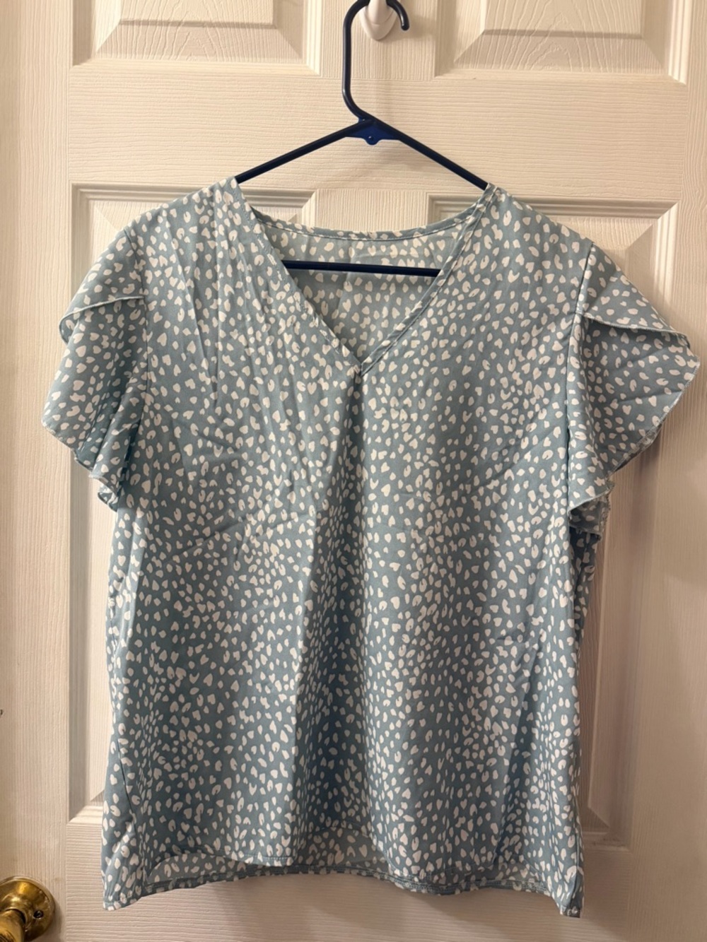 SHEIN Light Blue V-Neck Flutter Sleeve Top with White Spot Pattern